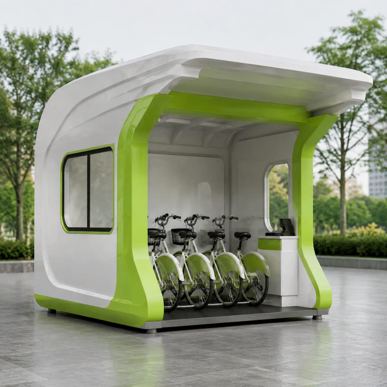 Cabina de alquiler de bicicletas en FRP